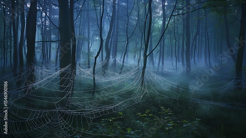  A misty forest at dawn with dew-covered spider webs glistening in the light