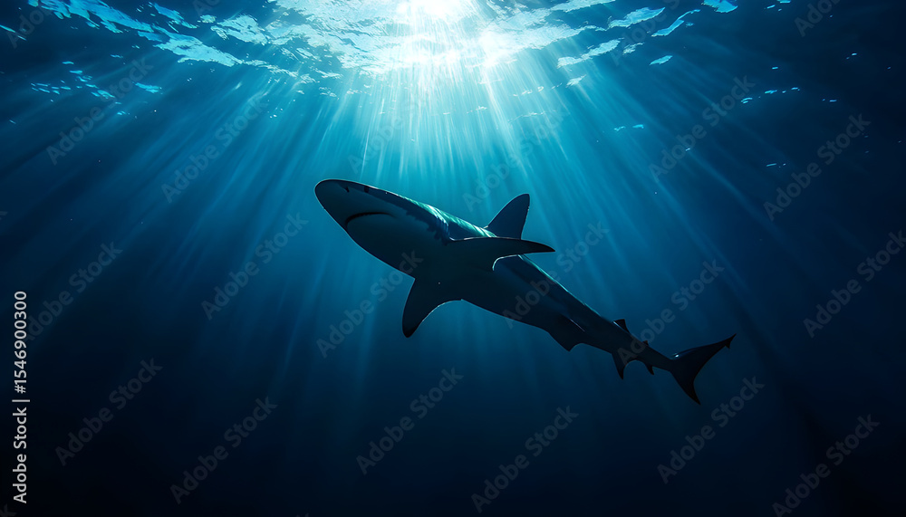 Obraz premium Silhouetted shark gliding through deep ocean with dramatic light rays above
