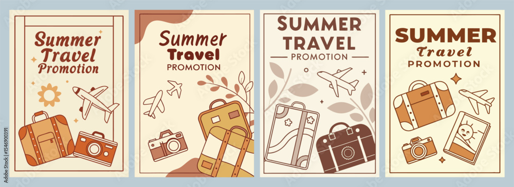 Vibrant Summer Travel Promotion Banners Featuring Nostalgic Themes and Travel Icons Stunning Poster Designs