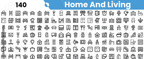A collection of stylish black and white icons representing home and living themes, including furniture, decor, appliances, and lifestyle elements.