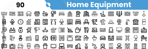 A collection of various home equipment icons, including furniture and appliances, designed in a minimalist black and white style.