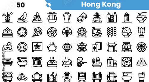 A diverse collection of black and white icons representing Hong Kong's culture and attractions, including landmarks, food, and traditional symbols.