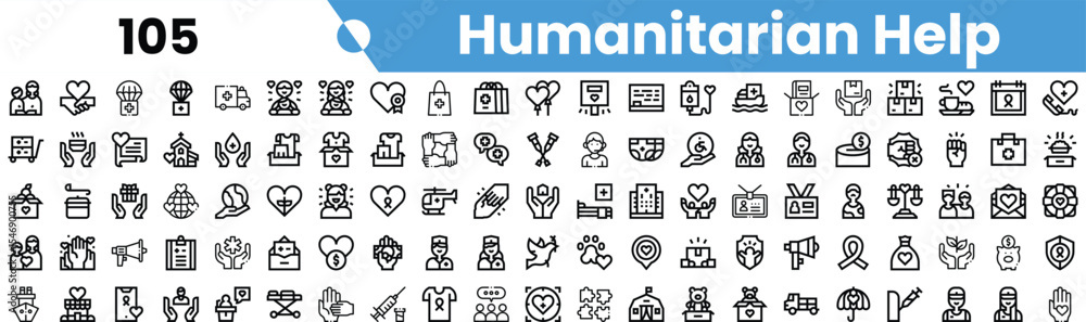 Fototapeta premium A diverse collection of icons representing humanitarian help, showcasing various aspects of aid, community support, and assistance in need.