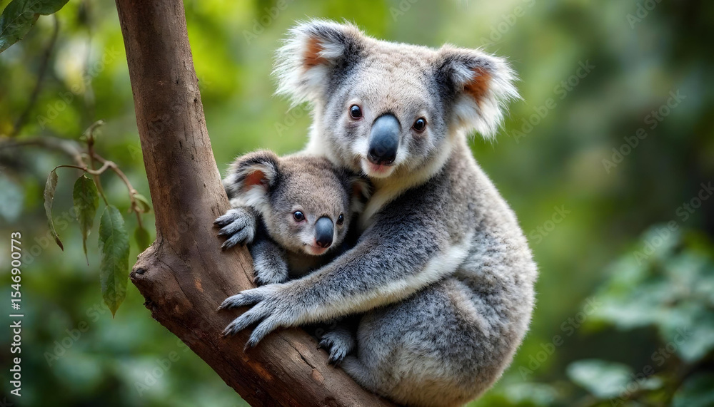Fototapeta premium a koala bear mother hugging her baby, lush green forest background, realistic, 8k, highly detailed