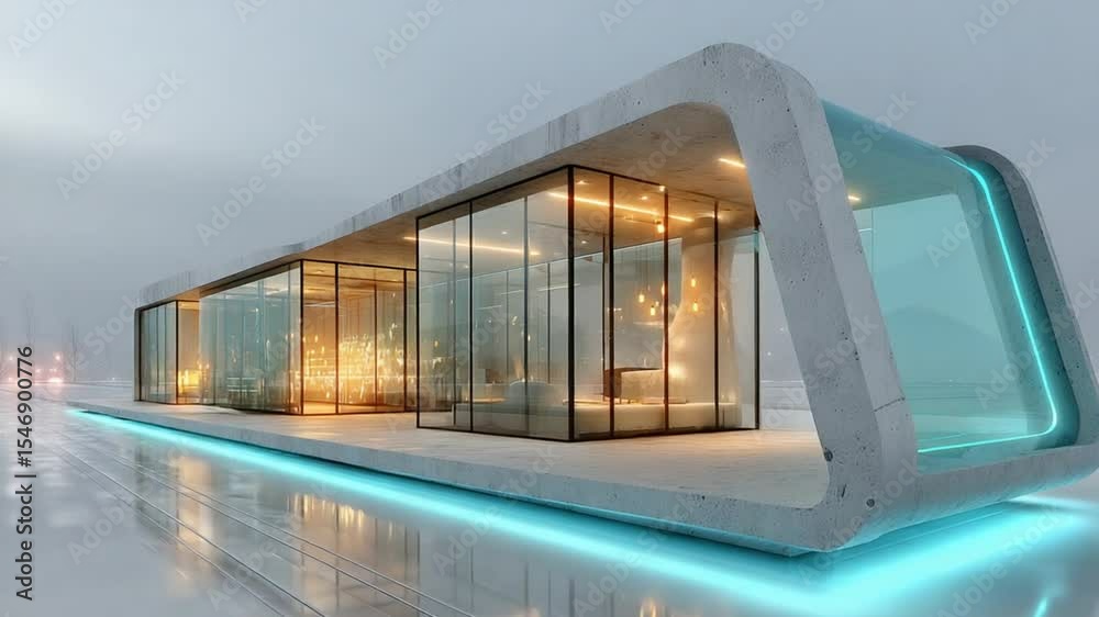 Futuristic architecture glass building showcases luxury interior design and lighting features