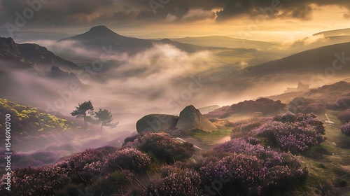 A misty moorland with patches of heather and rocky outcrops under a cloudy sky