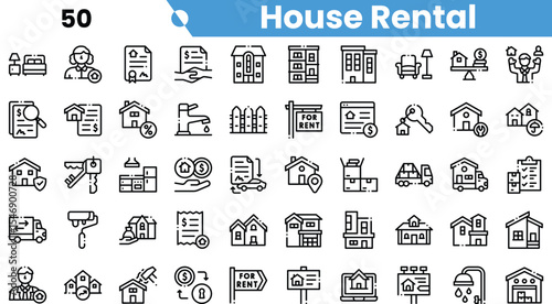 A diverse collection of house rental icons, featuring keys, documents, and furniture symbolizing the renting process.