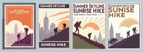 Vibrant Sunrise Adventures Hikers Silhouetted Against a Summer Skyline Inspiring Poster Designs