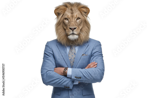 Powerful Lion Head Businessman Portrait professional attire strong leadership concept, transparent background