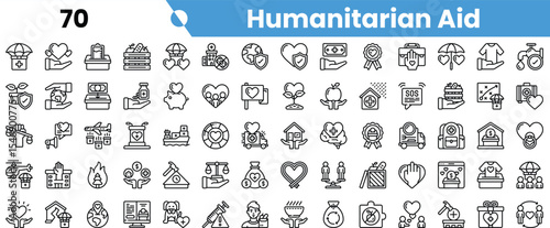 Collection of humanitarian aid icons, showcasing various assistance services and support activities in a minimalist style.