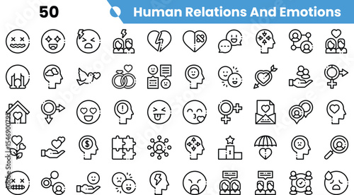 A collection of diverse linear icons depicting human relations and emotions, including happiness, love, friendship, and family.