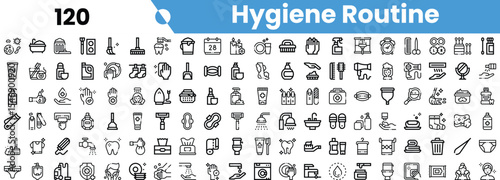 A collection of hygiene routine icons illustrating various personal care products and activities, enhancing daily wellness.