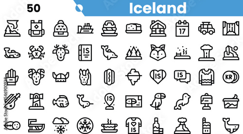 A creative collection of line icons symbolizing various elements of Icelandic culture and nature, showcasing its unique landscapes and wildlife.
