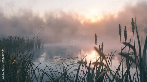 A misty morning in the wetlands, with tall grasses, still water, and a soft sunrise in the background