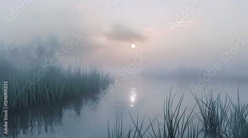 A misty morning in the wetlands, with tall grasses, still water, and a soft sunrise in the background