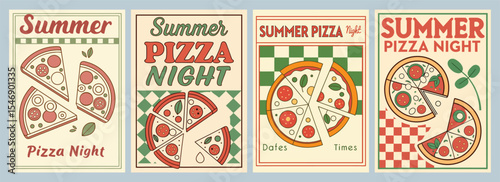 Vibrant Vintage Summer Pizza Night Posters Showcasing Playful Designs and Delicious Pizza Slices for a Fun Culinary Experience