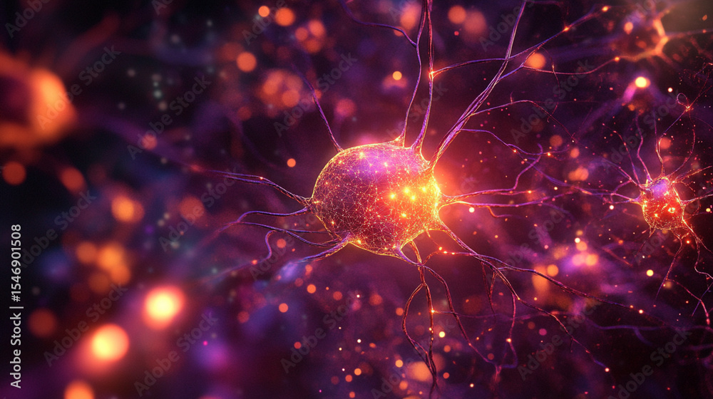 Fototapeta premium A vibrant depiction of neurons with glowing orbs and intricate neural pathways in a purple space