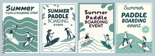 Vibrant Summer Paddle Boarding Event Poster Designs Featuring Colorful Illustrations of People Enjoying the Water