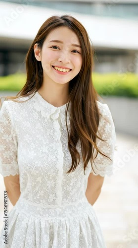 Happy young taiwanese woman in a white lace dress smiling outdoors