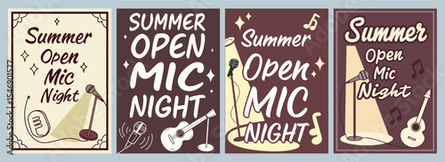 Vibrant Summer Open Mic Night Posters Showcasing Instruments and Creativity Unleashing Artistic Expression Through Colorful Designs