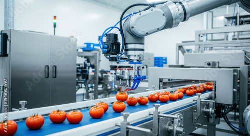 Tomato sorting robot automation in food processing factory line for agriculture industry tech