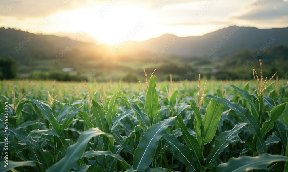 Fototapeta premium corn or maize field at agriculture farm in the morning sunrise 