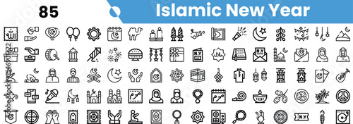 A collection of black and white icons representing the Islamic New Year, showcasing cultural symbols, traditions, and festive elements.