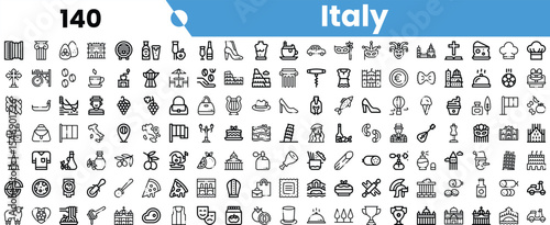 A collection of black and white icons representing various aspects of Italian culture, food, fashion, and landmarks.