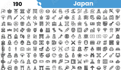 A diverse collection of black and white icons representing Japanese culture, blending traditional and contemporary symbols.