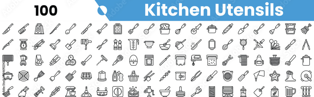Fototapeta premium A collection of kitchen utensils icons in a clean, minimalist design, featuring various tools essential for cooking and food preparation.