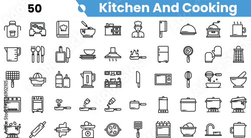 A collection of kitchen and cooking icons in a minimalist black and white style, featuring utensils, appliances, and food preparation tools.
