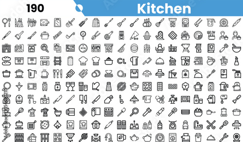 A diverse collection of kitchen icons including utensils, cookware, and appliances in a minimalist black and white design.