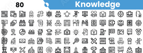 A collection of black and white icons representing various aspects of knowledge, education, and innovation.
