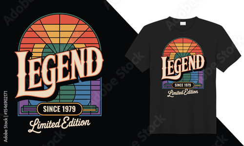 Vintage retro legend design with bold typography and colorful sunburst for iconic t-shirt artwork