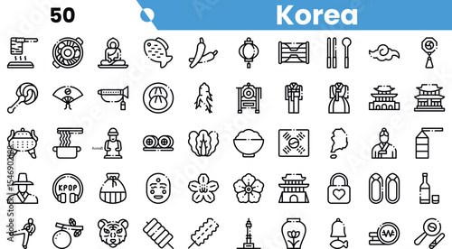 A collection of line icons representing Korean culture, showcasing traditional food, landmarks, and symbols of entertainment.