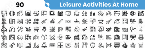 A collection of icons representing various leisure activities at home, including music, art, games, and cooking.