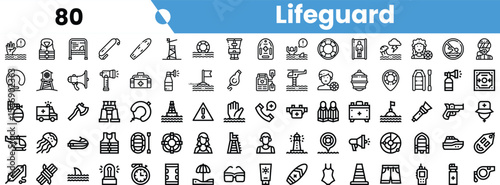 Icon set representing lifeguard equipment and safety practices, featuring rescue devices, signaling tools, and beach elements.