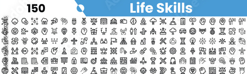A collection of black and white icons representing various life skills, showcasing different themes and activities.