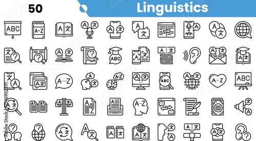 A collection of over black and white icons representing various aspects of linguistics, communication, and language learning.