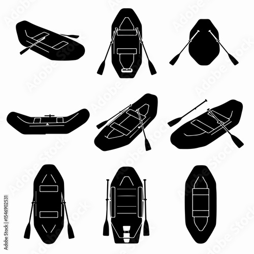 River raft with paddle silhouette set