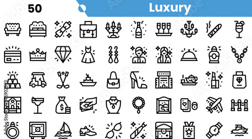 A collection of luxury-themed icons featuring various symbols of opulence, including jewelry, fine dining, and elegant fashion items.