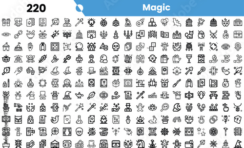 A collection of diverse magic-themed icons in black and white, showcasing various mystical elements and symbols.
