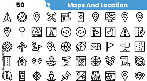 A collection of minimalistic icons representing maps and location themes, featuring compasses, maps, and navigation symbols.