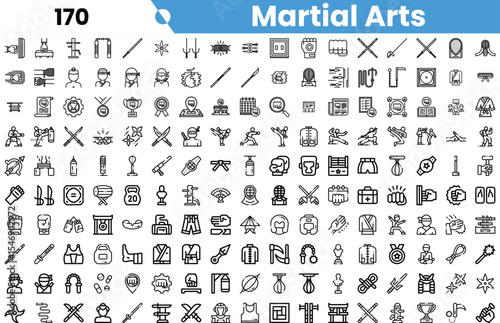 A diverse collection of martial arts icons, showcasing various techniques, equipment, and symbols related to this dynamic sport.