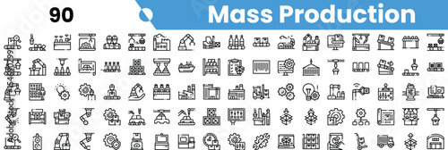 A diverse set of icons depicting various aspects of mass production, showcasing automation, assembly lines, and industrial processes.
