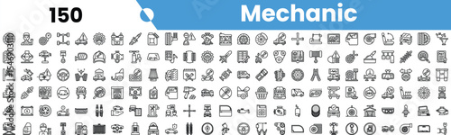 A collection of mechanic-themed icons in black and white, depicting various tools and equipment used in automotive repair and maintenance.