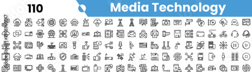 A collection of media technology icons, showcasing various devices and equipment in a minimalist monochrome design.
