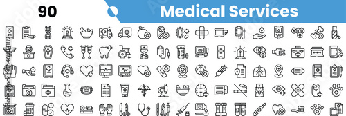 A diverse set of medical service icons, featuring equipment, symbols, and healthcare professionals in a clean, organized layout.
