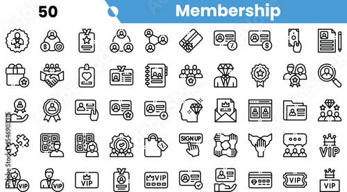 A collection of stylish black and white icons representing membership concepts, including badges, certificates, and user profiles.
