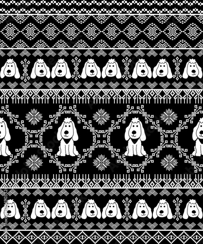Dog pattern on black fabric background